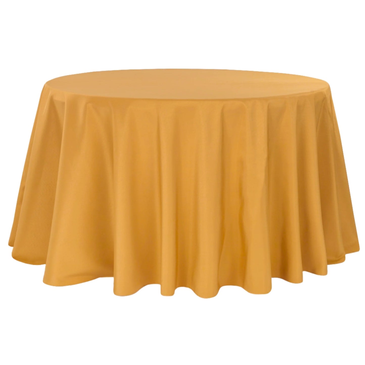 Round table covered with a gold tablecloth on a white background